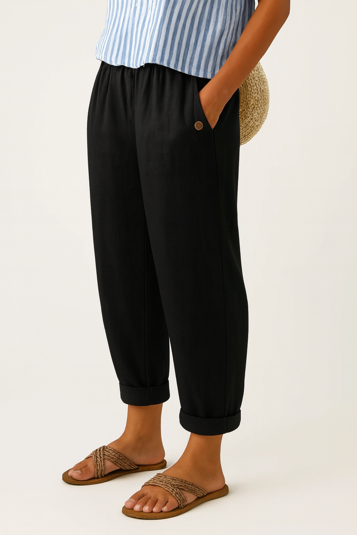 Timeless plain straight leg trousers for women, a comfortable cotton blend, perfect everyday pants for a relaxed spring summer look.