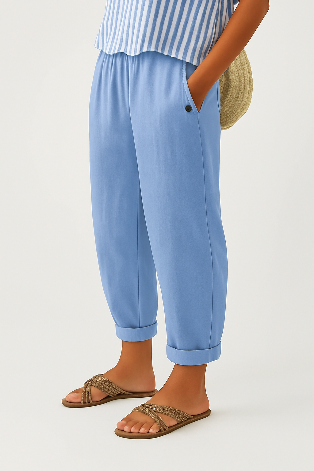 Casual ladies' cotton blend trousers, featuring a comfortable relaxed straight leg fit, a versatile everyday fashion essential.