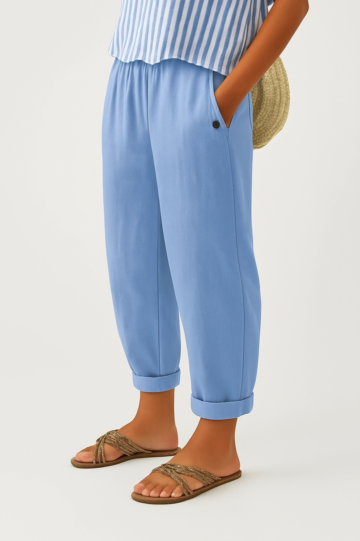 Casual ladies' cotton blend trousers, featuring a comfortable relaxed straight leg fit, a versatile everyday fashion essential.