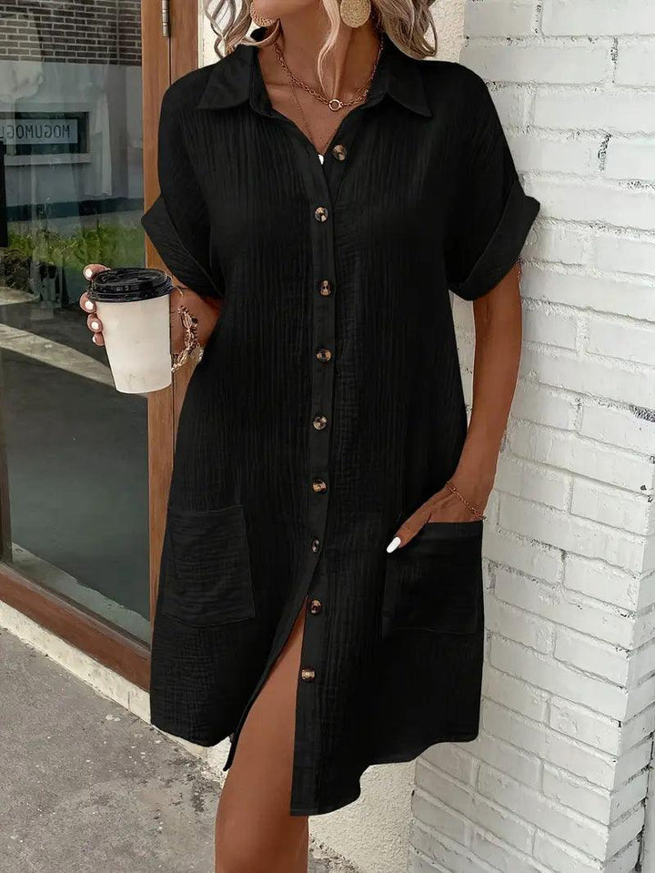 Effortlessly elegant V-neck blouse dress, a versatile women's fashion essential.