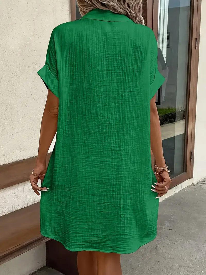 Beautiful V-neck blouse dress, women's midi length, ideal for a refined look.