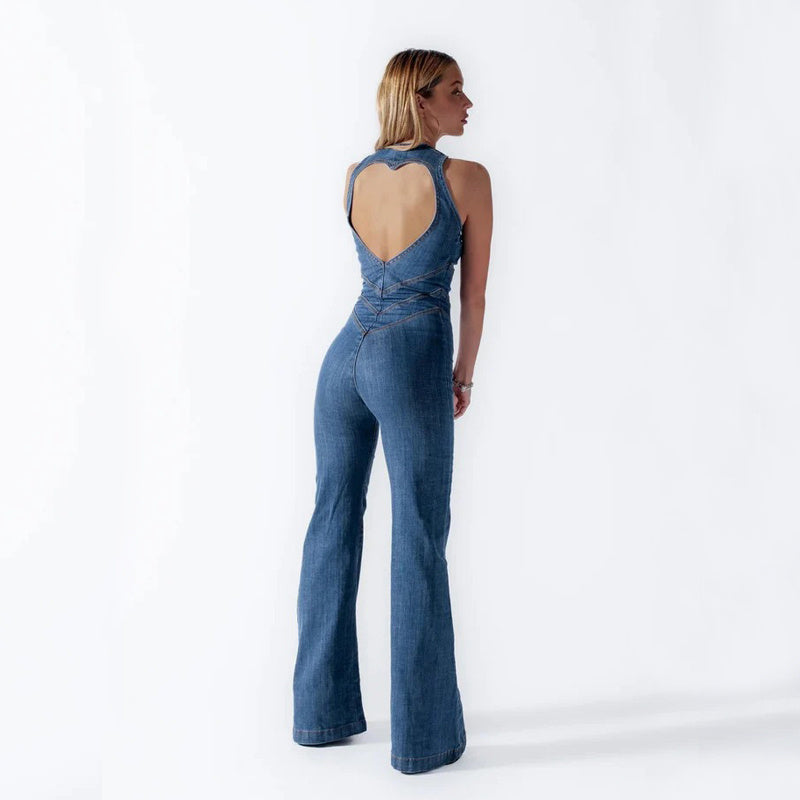 Stylish women's denim one-piece jumpsuit, a versatile outfit for trendy everyday fashion.