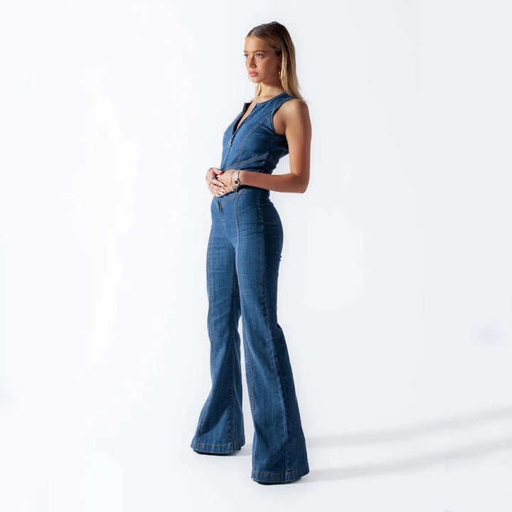 Flattering fit women's denim jumpsuit, a stylish and comfortable one-piece for casual wear.