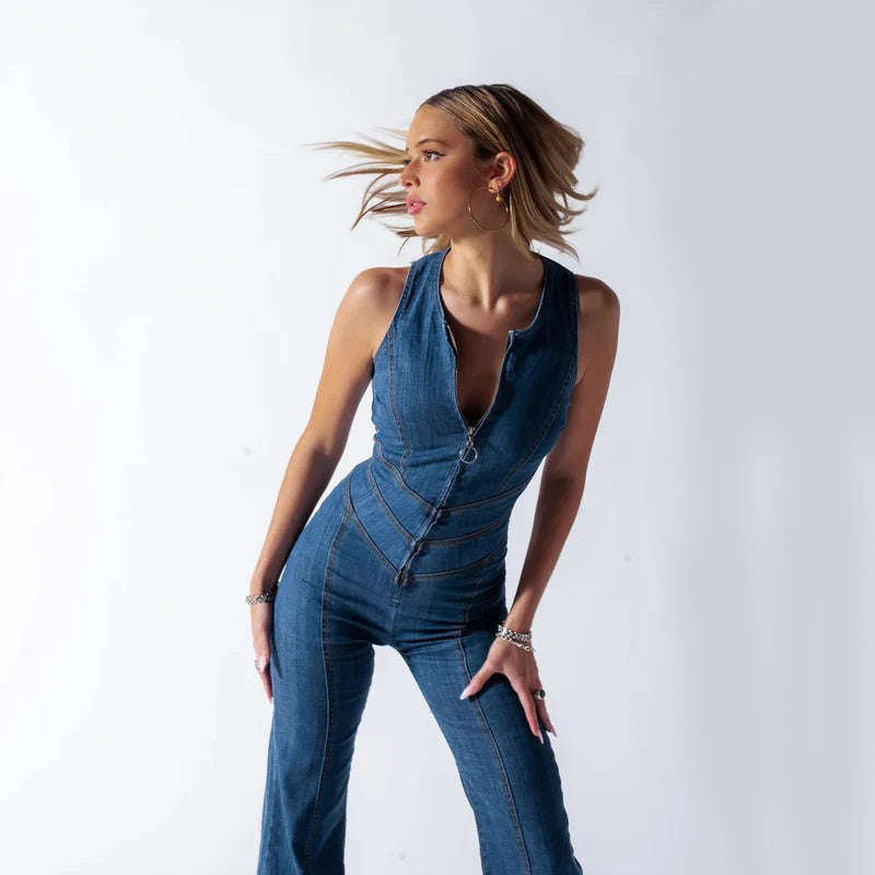 Trendy women's denim jumpsuit, a versatile one-piece outfit for stylish everyday fashion.