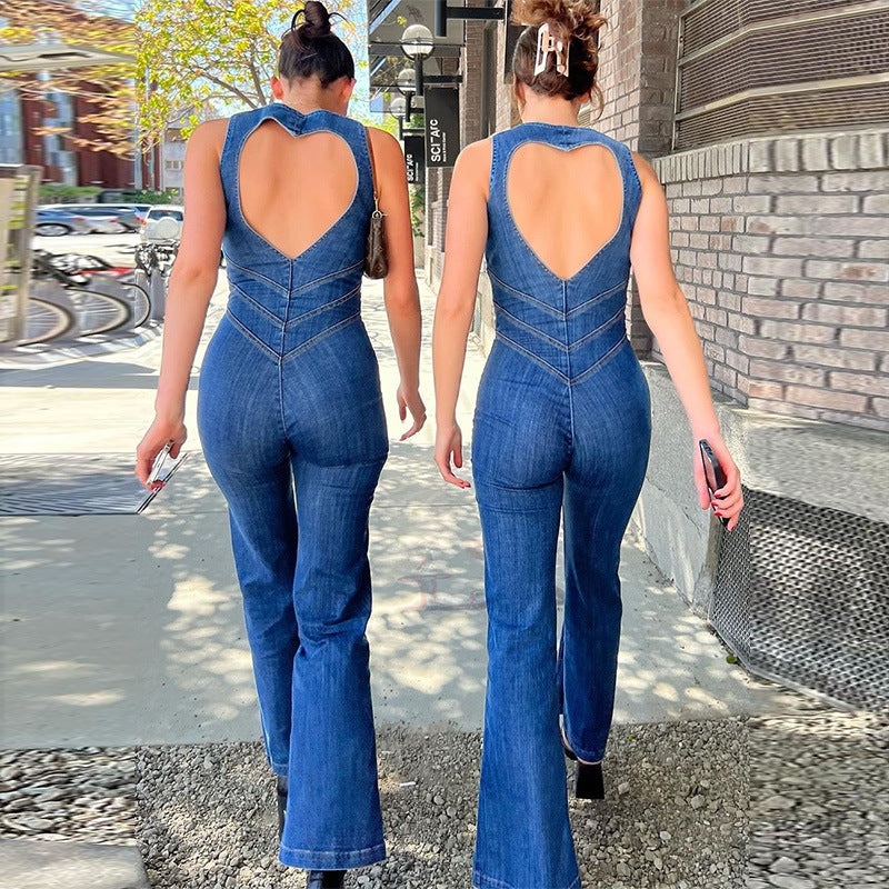 Stylish women's denim jumpsuit, a trendy one-piece outfit designed for comfortable everyday fashion.