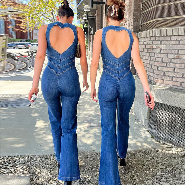 Stylish women's denim jumpsuit, a trendy one-piece outfit designed for comfortable everyday fashion.