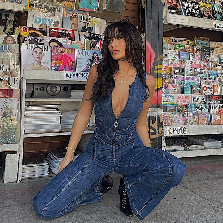 Flattering women's denim jumpsuit, a trendy one-piece offering stylish versatility for modern fashion.