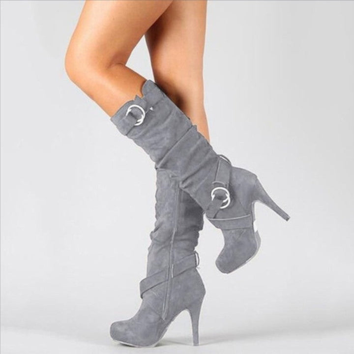 Women's trendy grey high heel buckle boots, perfect for stylish evening wear or casual chic outfits.