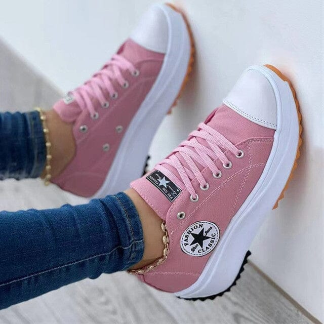 Woman wearing fashionable orthopedic sneakers, perfect for everyday walking.