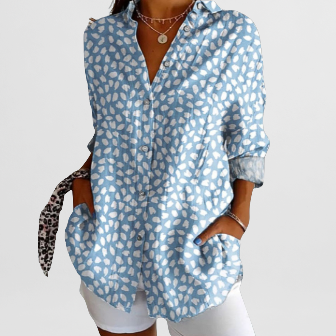 Women's tropical floral loose fit blouse, long sleeve button-down for casual summer fashion.