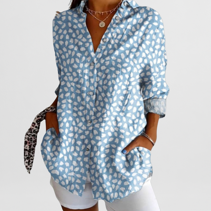 Women's tropical floral loose fit blouse, long sleeve button-down for casual summer fashion.