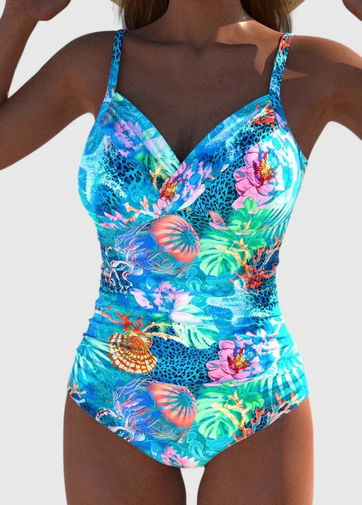 Women's tropical print one-piece swimsuit, perfect beachwear for summer vacation & poolside. Flattering & stylish.
