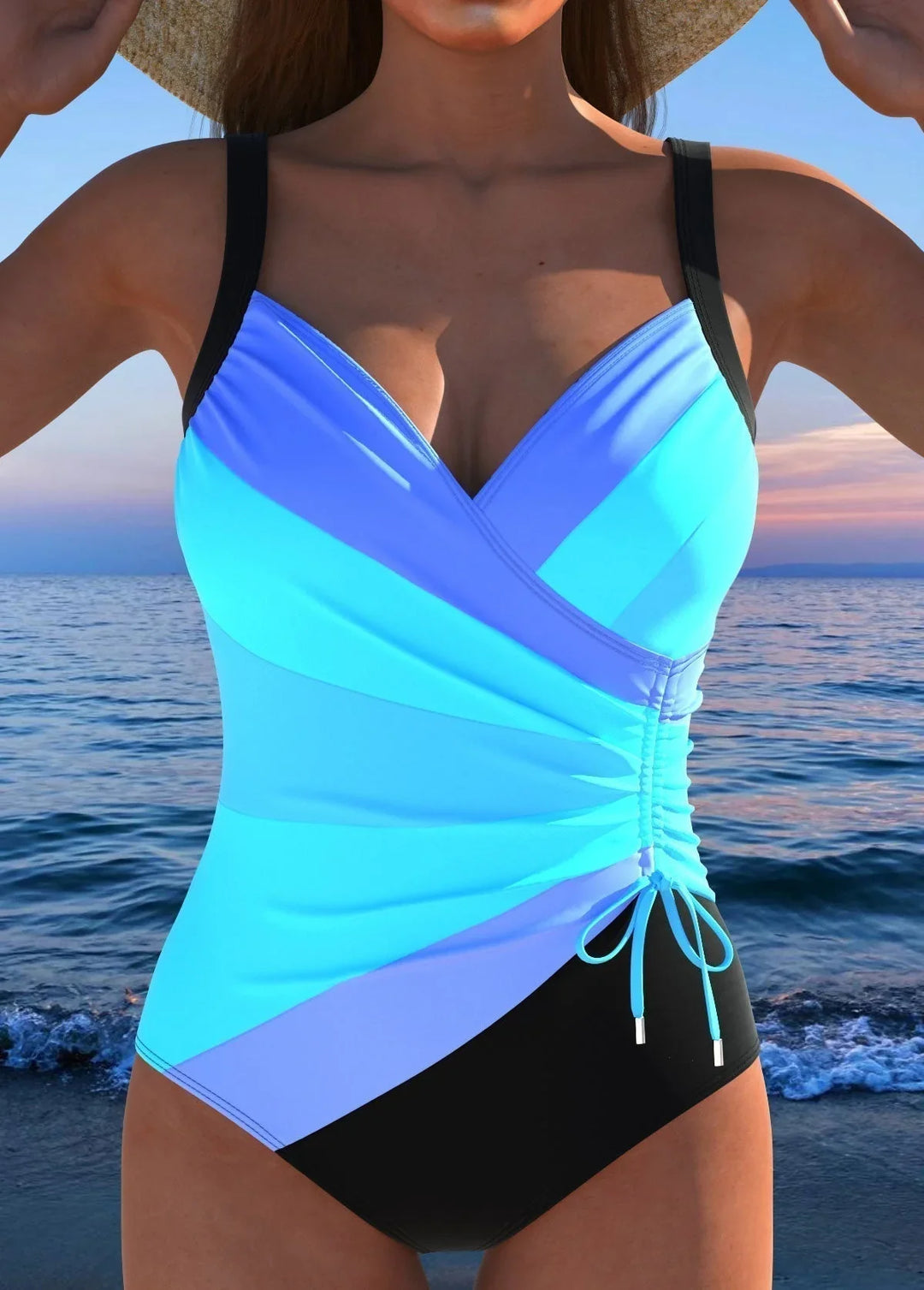 Flattering women's printed swimsuit with tummy control, ruched details, and a chic wrap V-neck for your vacation.