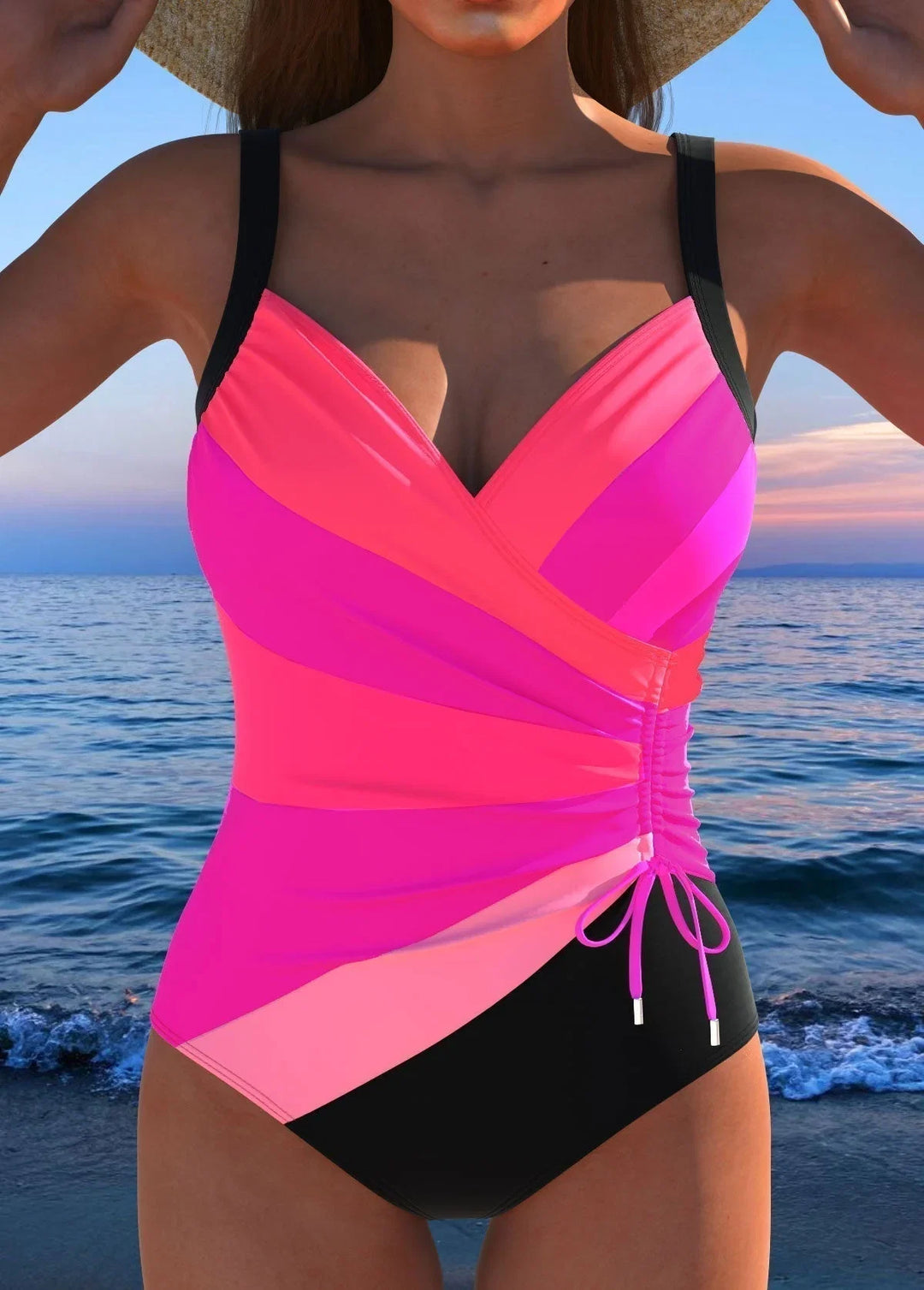Elegant women's printed beachwear swimsuit. Tummy-control & wrap V-neck design for a flattering, confident look.