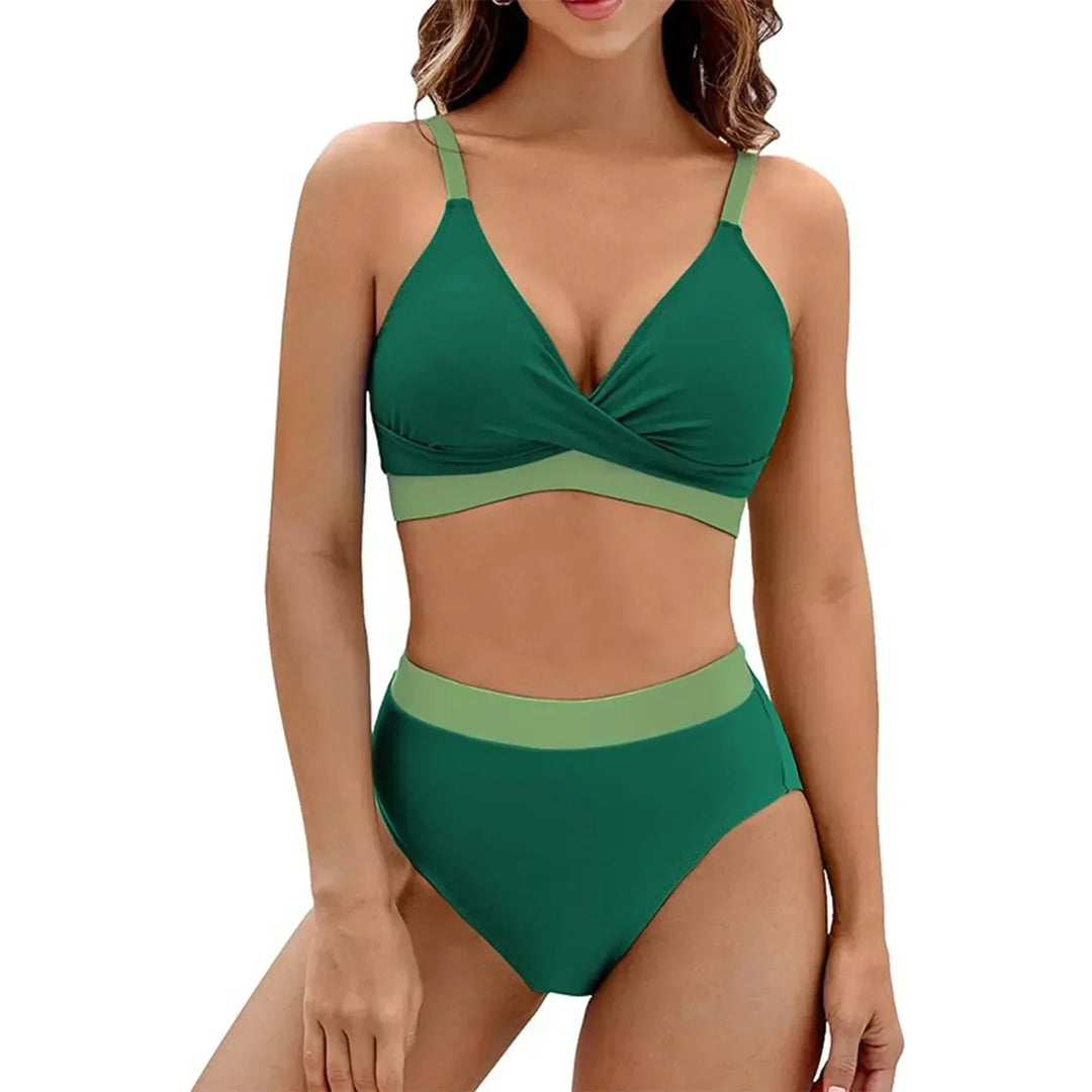 Comfortable women's high-waist bikini, V-neck style with tummy control for beachwear.