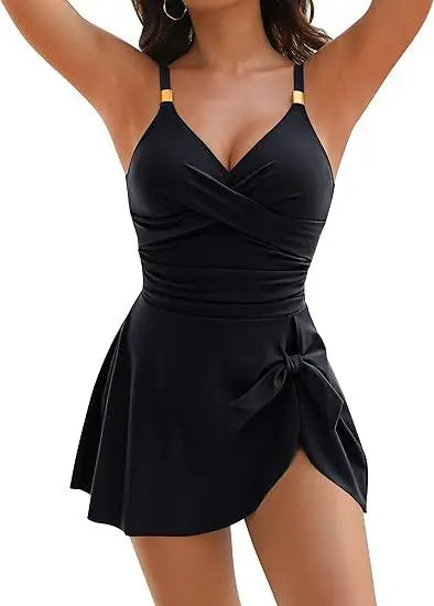 Modest and elegant swim dress with shaping tummy control, perfect for any water activity.