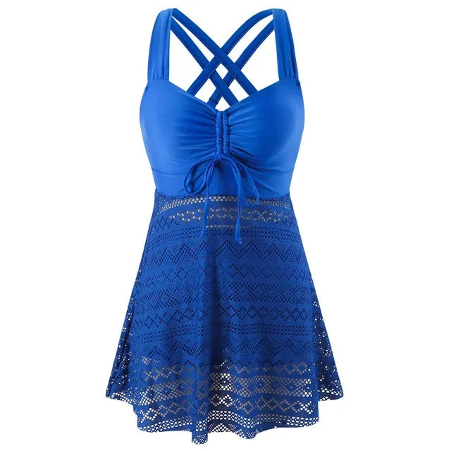 Stylish women's tankini swimwear featuring a ruched bust and skirt overlay, perfect for summer beach days.