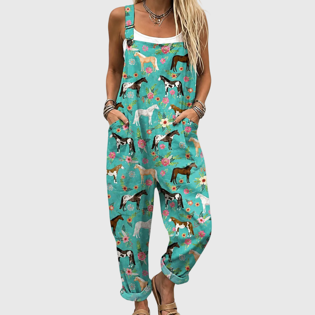 Women's turquoise floral horse print casual jumpsuit with loose fit, adjustable straps & pockets, perfect for summer.