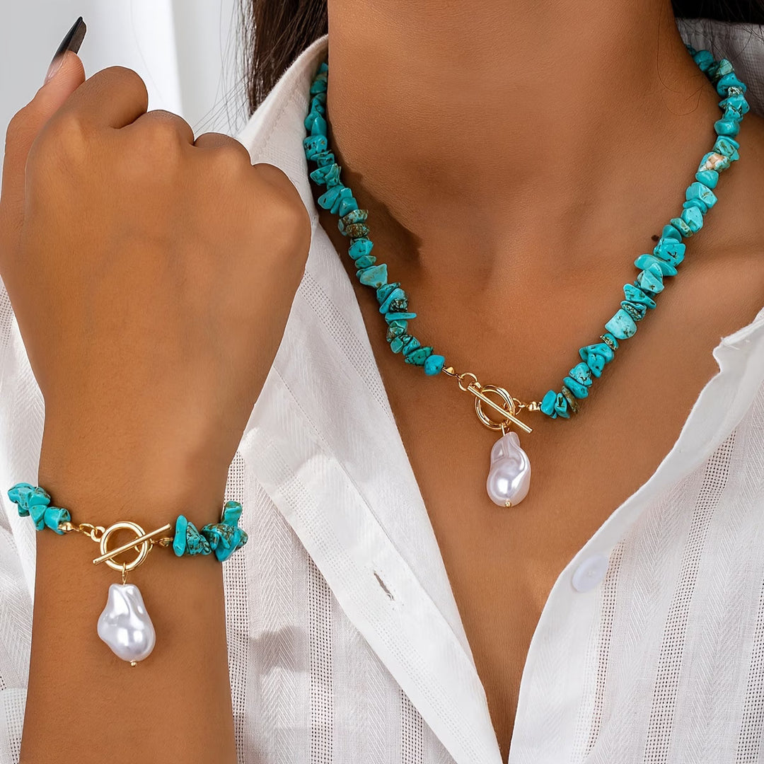 Women's turquoise & pearl necklace bracelet set, elegant classic style gemstone jewelry.