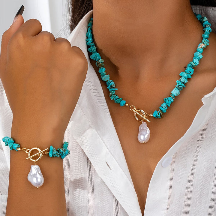Women's turquoise & pearl necklace bracelet set, elegant classic style gemstone jewelry.
