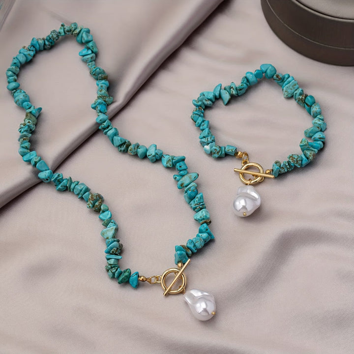 Elegant women's turquoise layering necklace & pearl bracelet set, classic statement jewelry.