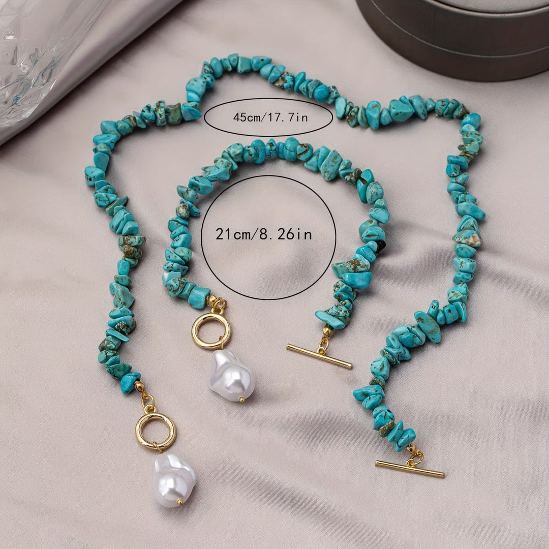 Handcrafted turquoise & pearl beaded necklace and bracelet set for women, natural gemstone jewelry.