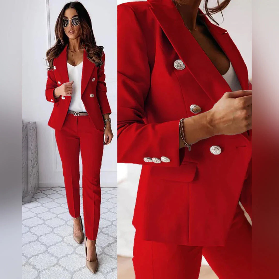 Women's two-piece blazer suit set in a slim fit, perfect for business casual.