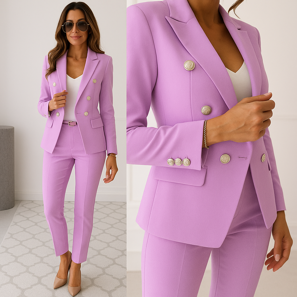 Stylish women's tailored suit featuring a slim fit blazer and trousers.