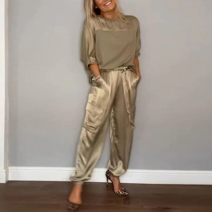 Women's two-piece matching set with a top and straight-leg utility pocket trousers, perfect for casual wear.