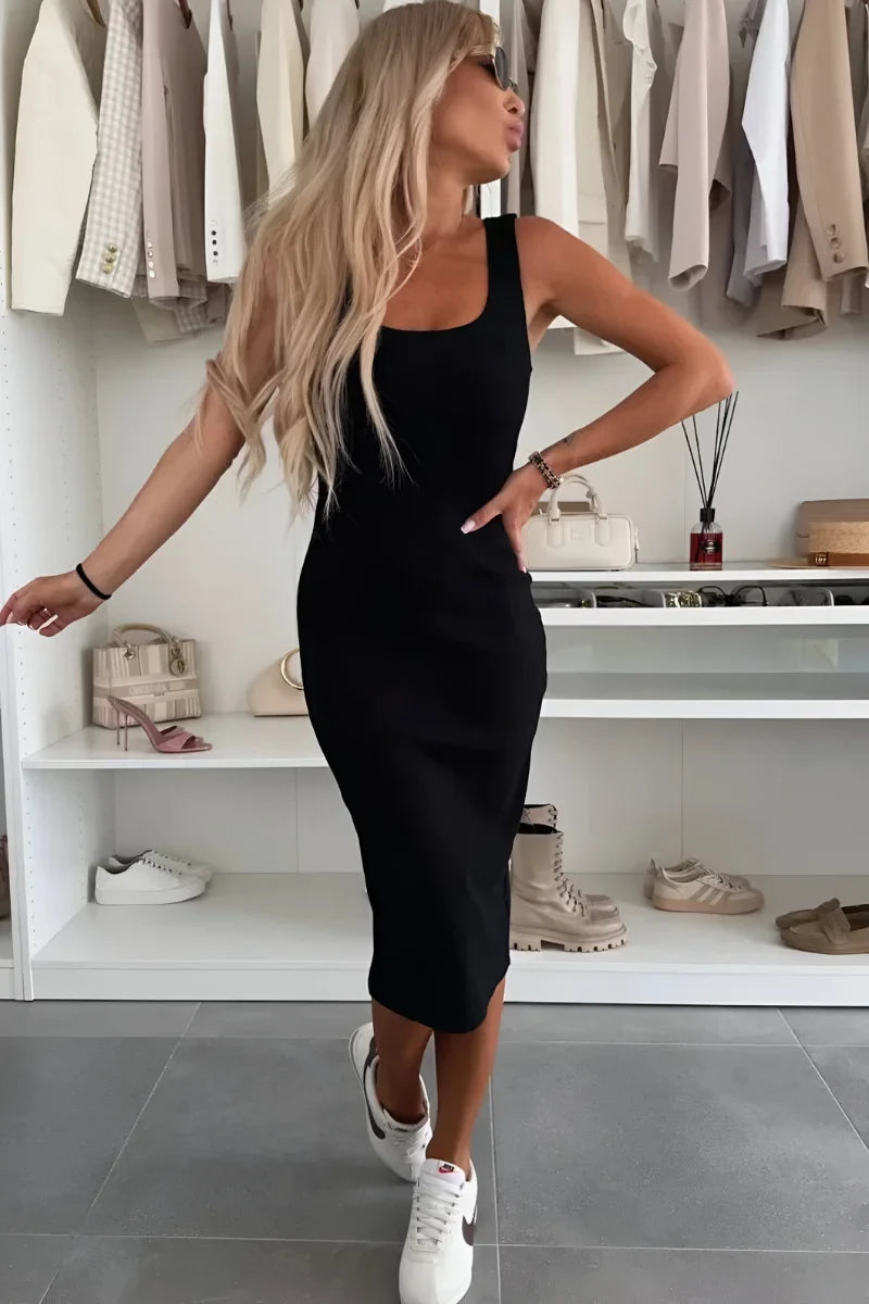 Women's square neck midi dress & matching cardigan set, a versatile outfit for spring casual or chic wear.