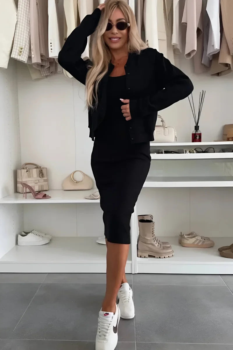 Fashionable women's two-piece midi dress and cardigan set, blending comfort with chic style for spring outfits.