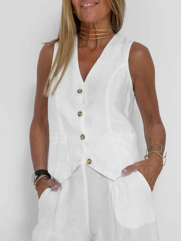 Comfortable women's two-piece pant and vest set, perfect for spring fashion & casual summer outfits.