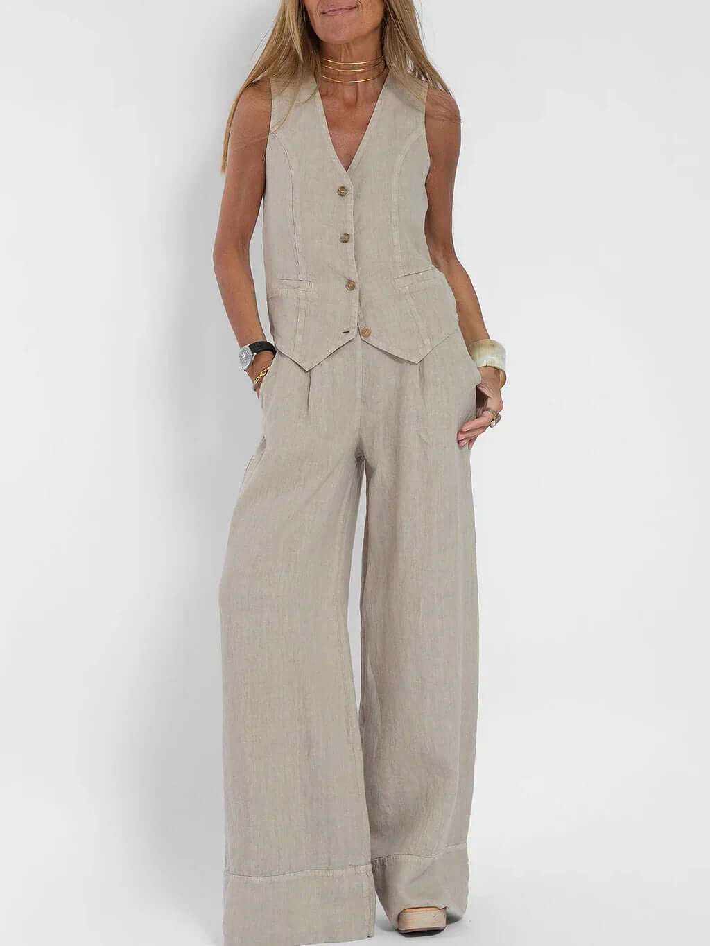 Modern chic women's two-piece vest and pant set. A trendy summer outfit & elegant spring fashion.