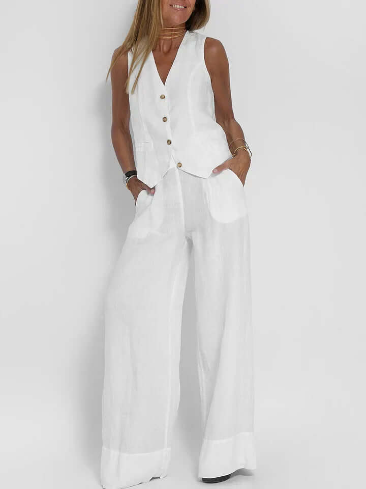 Modern women's matching vest and pant set for a coordinated, chic two-piece look. Spring fashion.