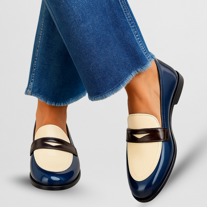 Women's two-tone slip-on loafers, perfect for effortless style & comfort. Ideal casual or smart casual footwear.