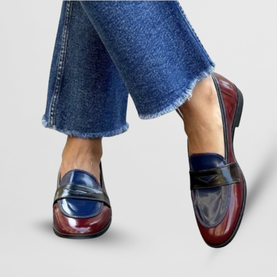 Stylish women's two-tone slip-on loafers, offering everyday comfort & fashion. Versatile flats for smart casual wear.
