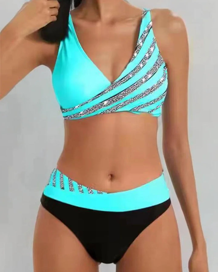 Women's two-tone striped V-neck high-waisted bikini set, perfect swimwear for summer beach vacations.
