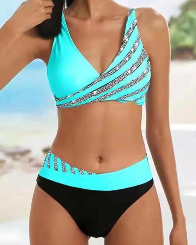 Stylish women's matching two-tone striped V-neck bikini set, high-waisted swimwear for summer fashion.