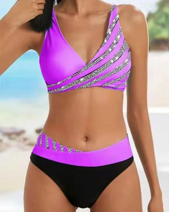 Women's two-tone striped V-neck high-waisted bikini set. Comfortable & stylish summer swimwear & beachwear.