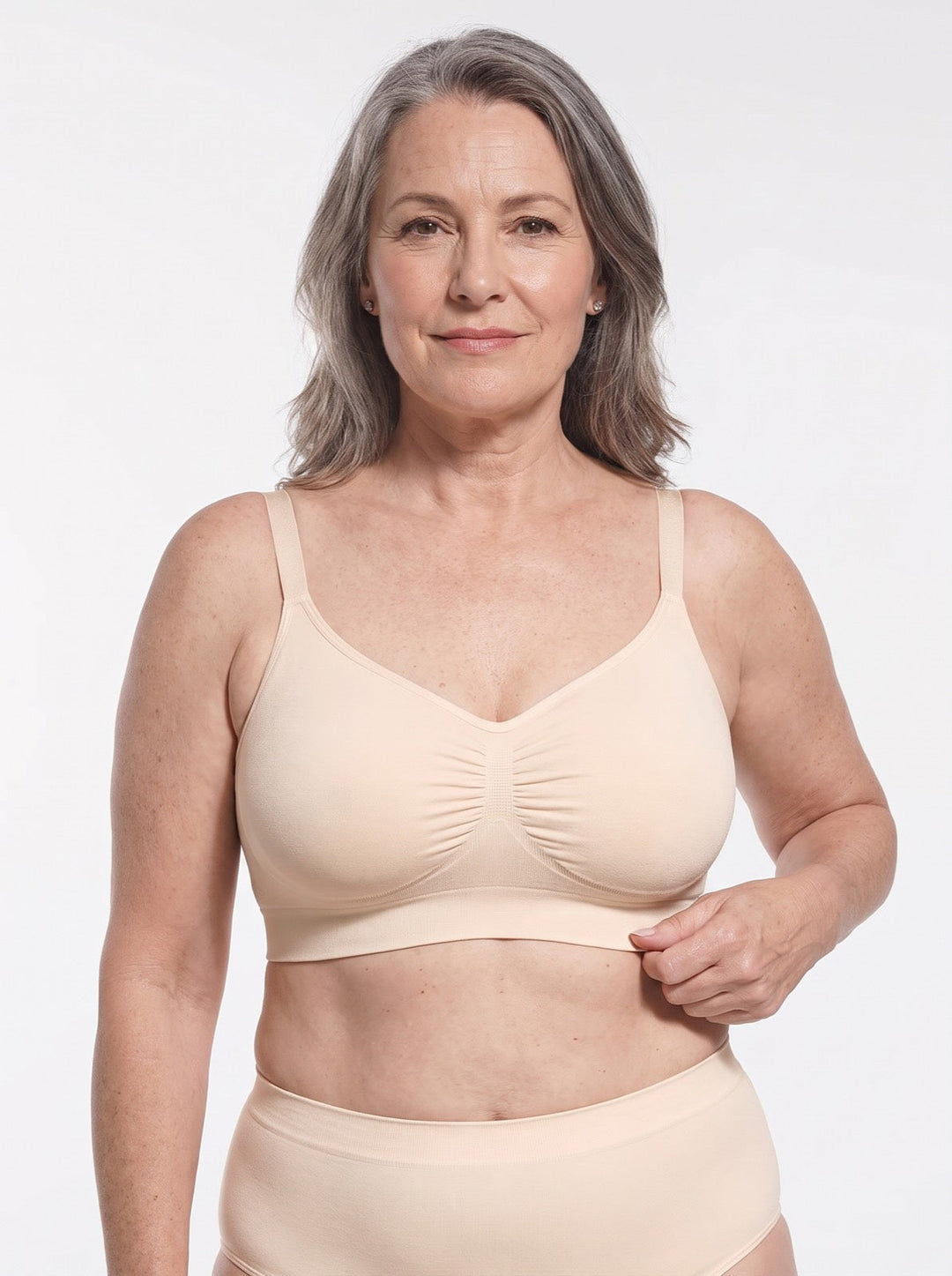 Women's ultra-comfort seamless wire-free bra in soft fabric, perfect for everyday wear.