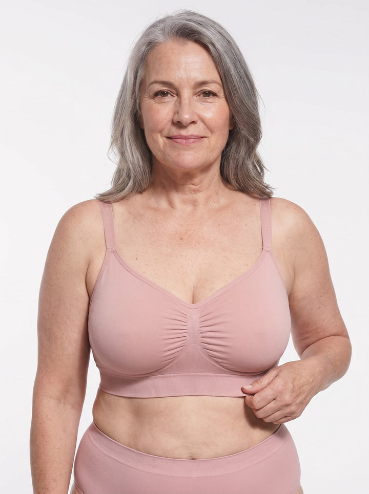 Front view of a seamless wire-free bra for women, highlighting its soft, unpadded design and comfort.