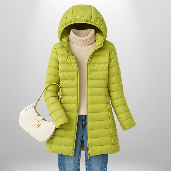 Women's ultra-lightweight puffer jacket, warm & packable. Ideal winter coat & versatile autumn fashion outerwear.