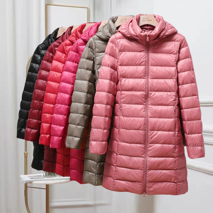 Warm women's puffer jacket, stylish & packable. Ideal lightweight outerwear for winter, travel, & autumn fashion.