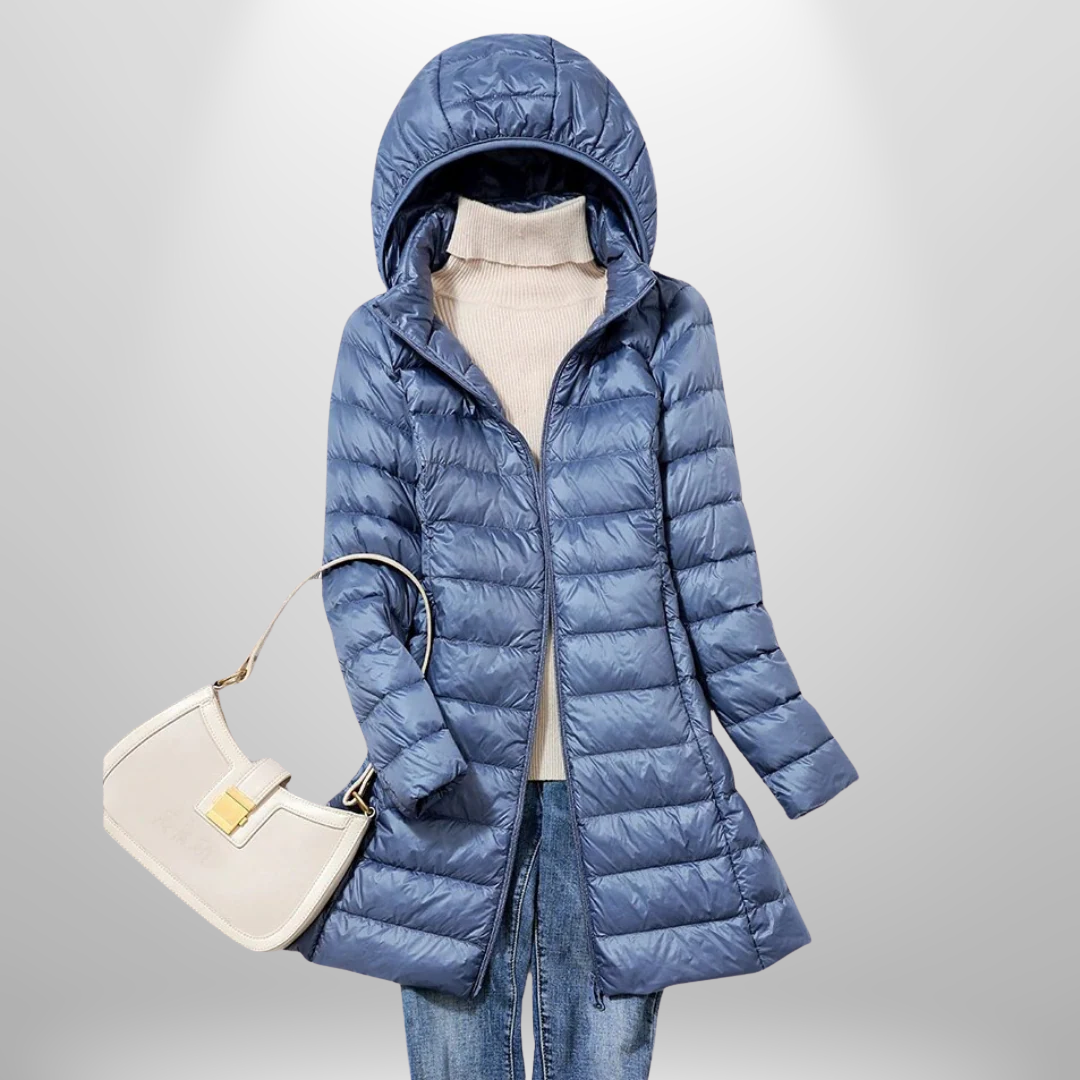 Warm, ultra-lightweight women's puffer jacket; easily packable. Essential versatile outerwear for winter & autumn.