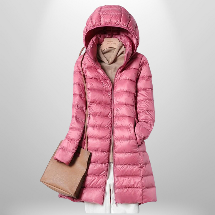 Stylish women's ultra-lightweight puffer jacket, warm & easily packable. Perfect for travel & casual autumn wear.