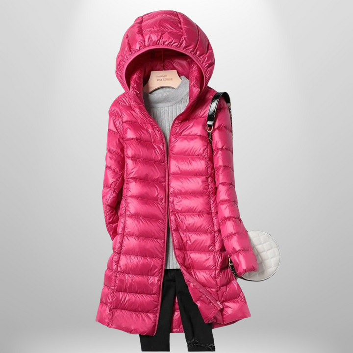 Women's ultra-lightweight puffer jacket; warm, packable, versatile travel coat. Perfect for winter & autumn.