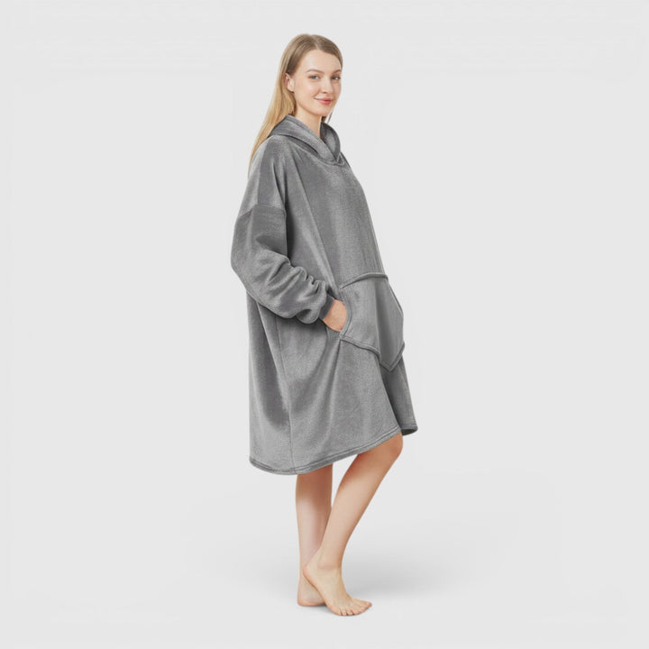 Full-body women's ultra soft hoodie blanket, providing cozy wearable comfort for relaxation.