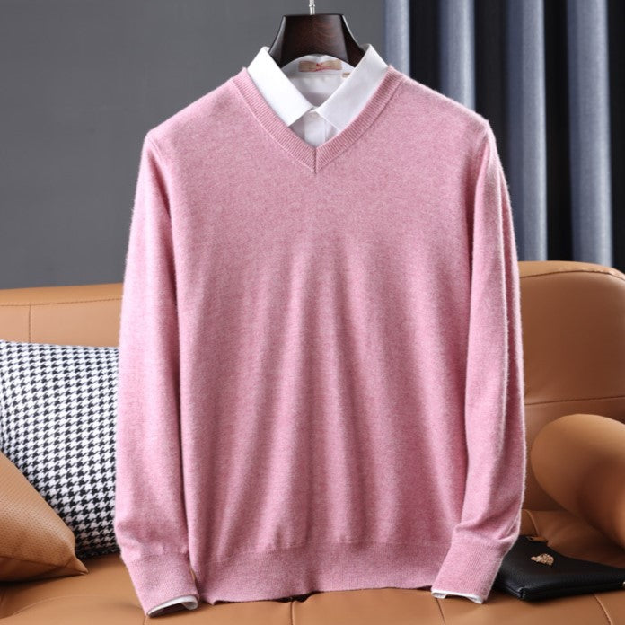 Women's ultra-soft v-neck pullover sweater in a luxurious knit, perfect for elegant winter fashion.