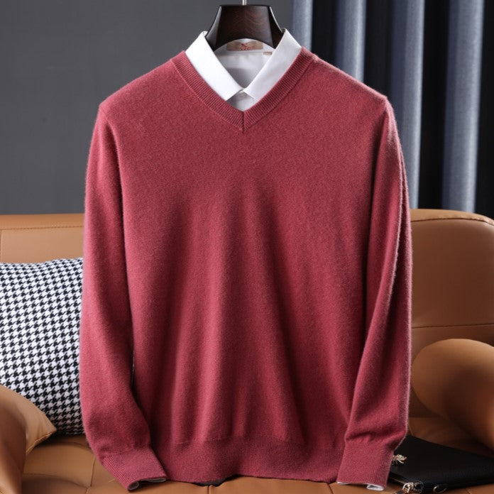 Comfortable women's long-sleeve v-neck pullover, featuring a soft knit fabric for casual chic style.