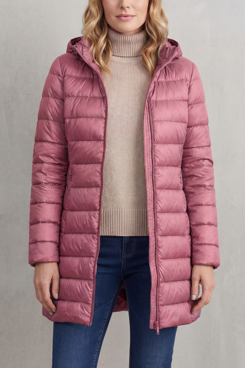 Women's warm & packable hooded puffer jacket. Ideal lightweight outerwear for winter travel.
